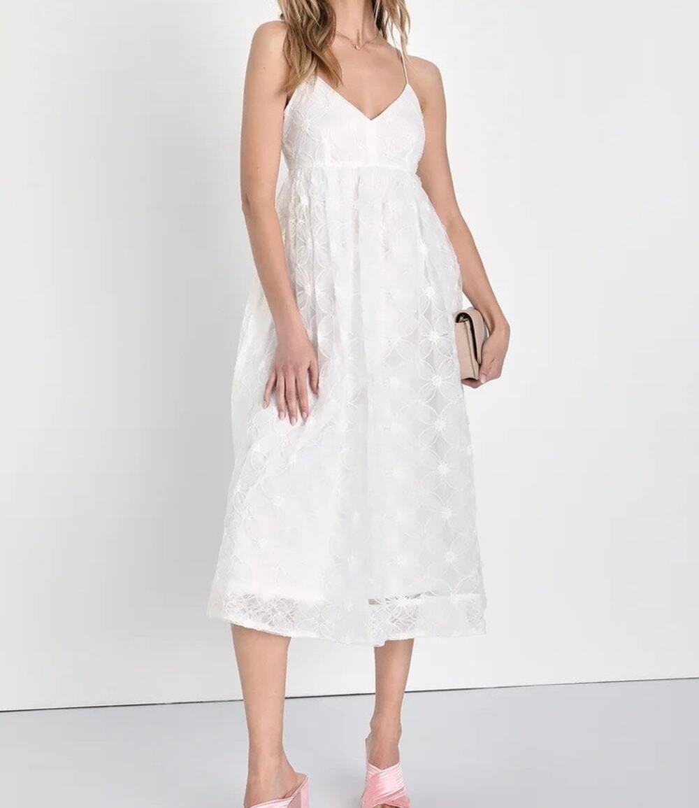 LULUS Radiate Elegance Floral Tulle Midi Dress Ivory White Large L
